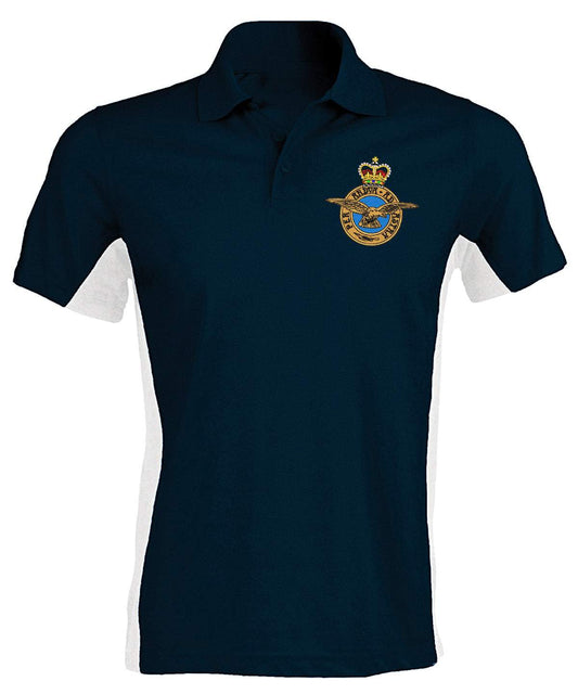 Royal Air Force Bi Colour Polo Shirt navy and white with King's and Queen's Cypher logo.