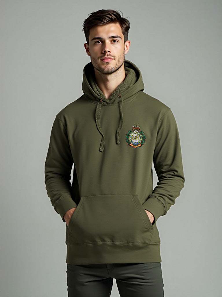 Khaki Royal Engineers Hoodie featuring premium embroidered Royal Engineers logo, perfect military apparel for UK veterans, serving personnel, and supporters.