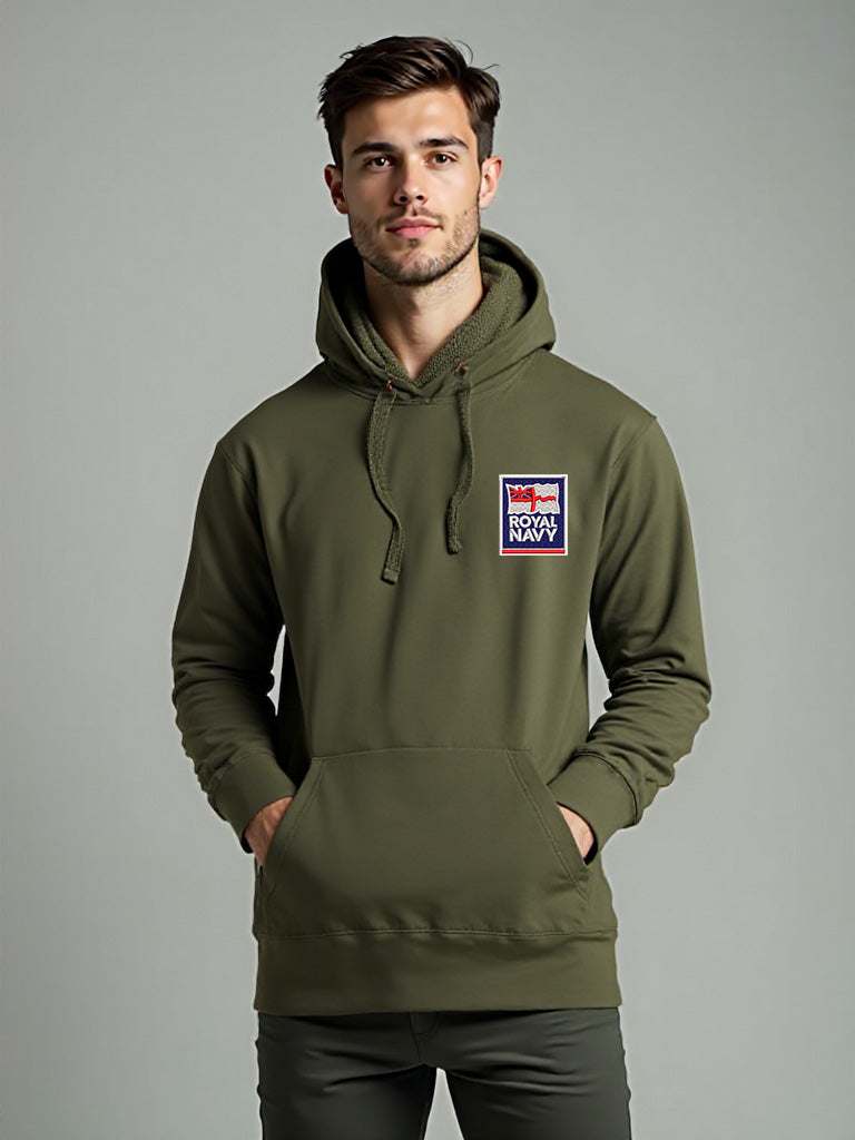 Khaki Royal Navy Hoodie featuring premium embroidered Royal Navy logo, modelled by a male, perfect military apparel for UK veterans, serving personnel, and supporters.