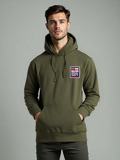 Khaki Royal Navy Hoodie featuring premium embroidered Royal Navy logo, modelled by a male, perfect military apparel for UK veterans, serving personnel, and supporters.