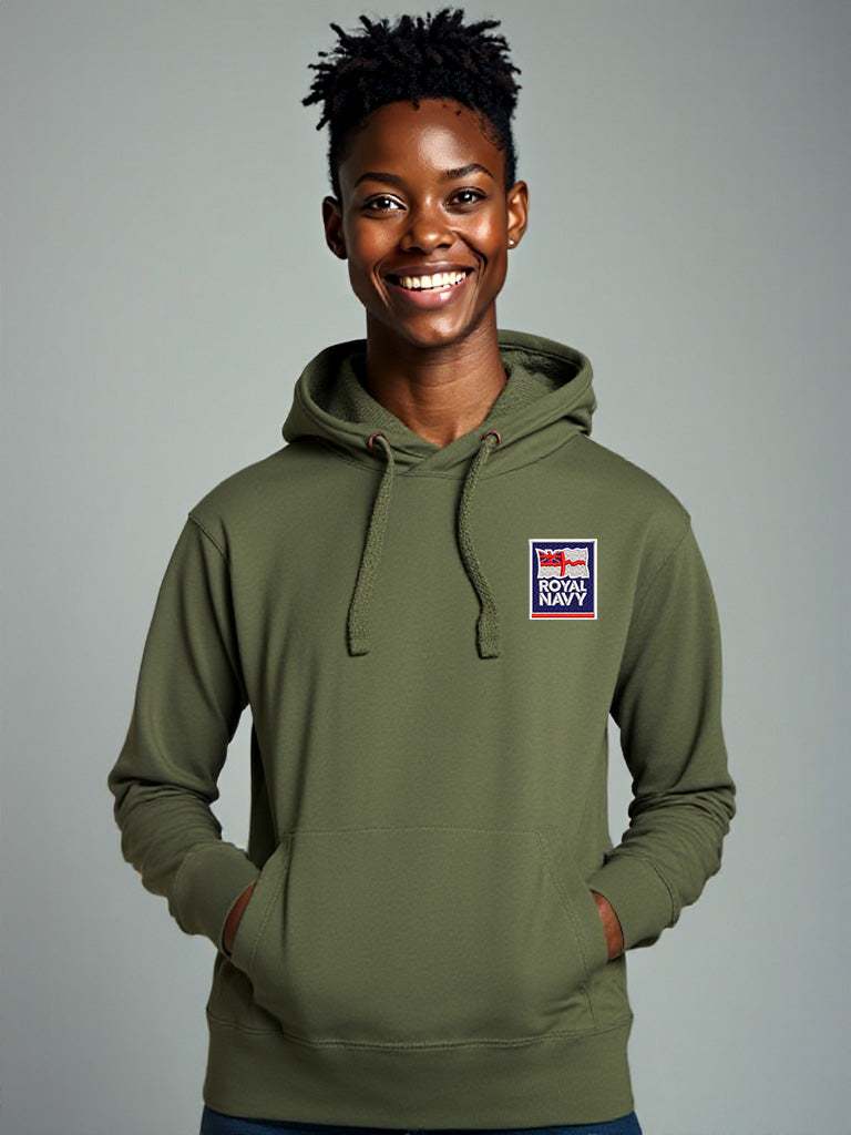 Khaki blue Royal Navy Hoodie featuring premium embroidered Royal Navy logo, modelled by a female, perfect military apparel for UK veterans, serving personnel, and supporters.