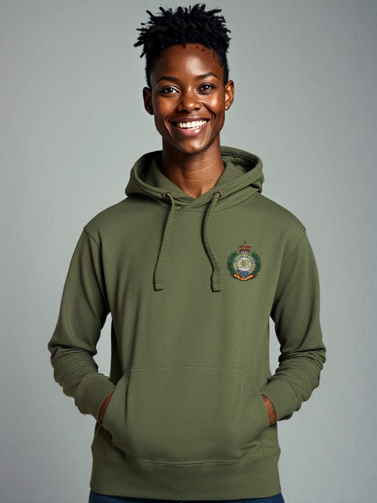 Khaki Royal Engineers hoodie featuring premium embroidered Royal Engineers logo, modelled by a female. Ideal for UK veterans, serving Sappers, and proud supporters.