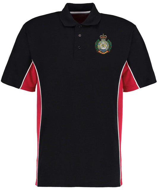 Royal Engineers Contrast Pique Polo Shirt with badge, black with red and white accents.