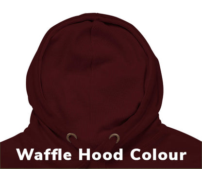 Close-up view of a maroon waffle-textured hoodie hood, displayed on a white background with the text "Waffle Hood Colour" at the bottom.