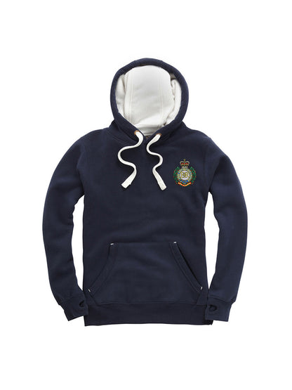 Man wearing a french navy hoodie with a Royal Engineers crest on the left chest, white drawstrings, and a front pouch pocket, laid flat on a white background.