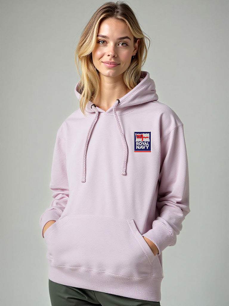 Pink Royal Navy Hoodie featuring premium embroidered Royal Navy logo, modelled by a female, perfect military apparel for UK veterans, serving personnel, and supporters.