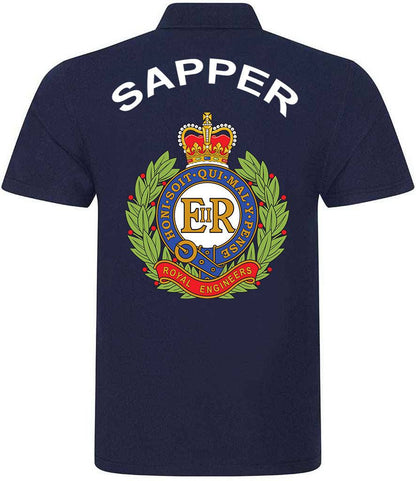 Back view of navy Royal Engineers polo shirt featuring large full-colour embroidered Sapper crest and bold 'SAPPER' text above the logo