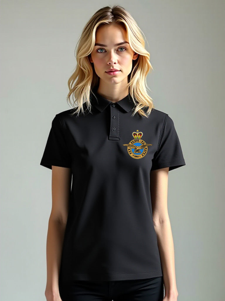 Women's Royal Air Force polo shirt in black, featuring premium embroidered RAF crest. Comfortable and durable polo shirt ideal for Royal Air Force personnel, veterans, and supporters. Official RAF military clothing for everyday wear or events.