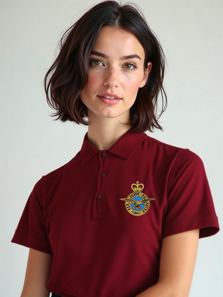 Women's maroon Royal Air Force polo shirt featuring an embroidered RAF crest on the chest. Premium military polo ideal for RAF personnel, veterans, and supporters. Made from breathable cotton blend for everyday comfort and pride.
