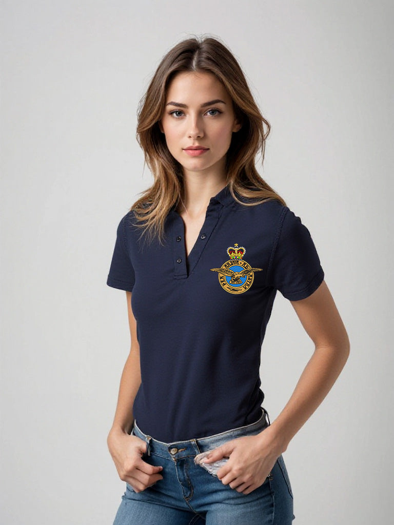 Women's Royal Air Force polo shirt in navy blue with detailed embroidered RAF crest. Official military apparel ideal for RAF personnel, veterans, and supporters. Lightweight, breathable fabric perfect for casual or commemorative wear.