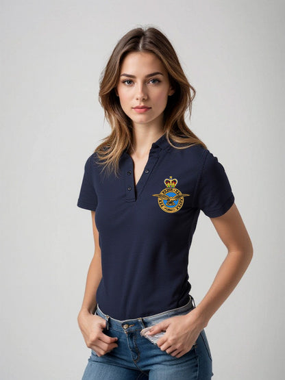 Women's Royal Air Force polo shirt in navy blue with detailed embroidered RAF crest. Official military apparel ideal for RAF personnel, veterans, and supporters. Lightweight, breathable fabric perfect for casual or commemorative wear.