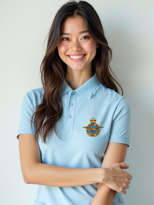 Women's Royal Air Force polo shirt in sky blue with official RAF embroidered crest. Military-style polo for RAF veterans, British Armed Forces personnel, and supporters of the Royal Air Force.