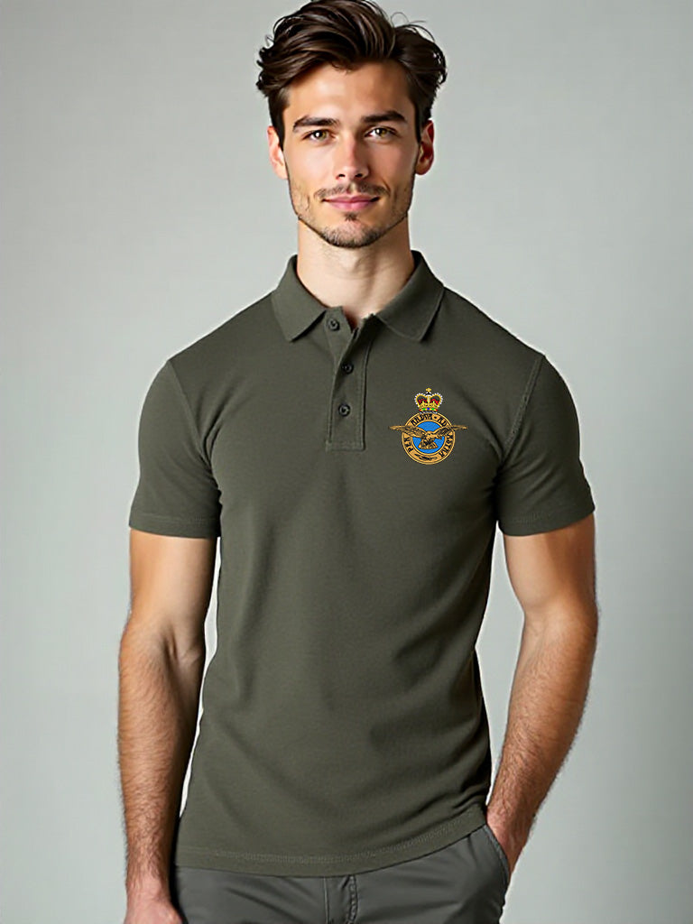Male model wearing a khaki RAF polo shirt with embroidered Royal Air Force crest on chest