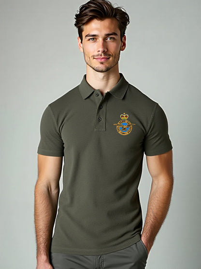 Male model wearing a khaki RAF polo shirt with embroidered Royal Air Force crest on chest