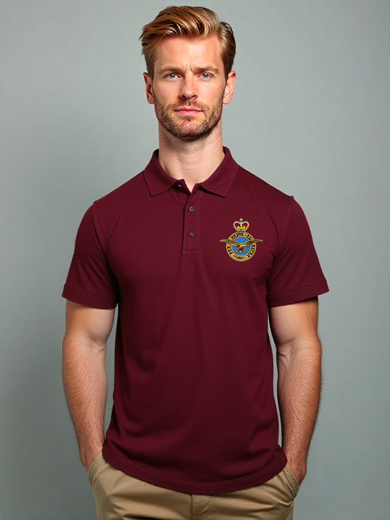 Men’s maroon Royal Air Force polo shirt featuring high-quality embroidered RAF crest. Military-style polo ideal for RAF servicemen, veterans, and supporters. Comfortable and durable cotton blend for all-day wear and smart casual occasions.