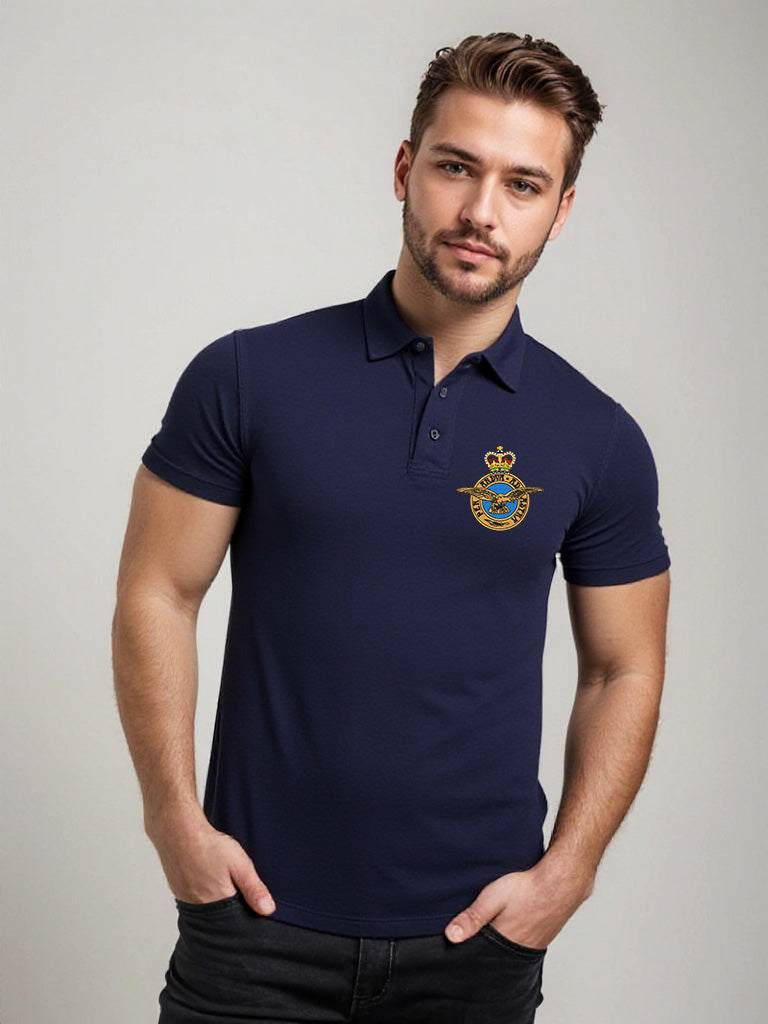 Male model in navy blue Royal Air Force polo shirt featuring embroidered RAF crest – classic military-style men’s polo for veterans, servicemen, and aviation enthusiasts.