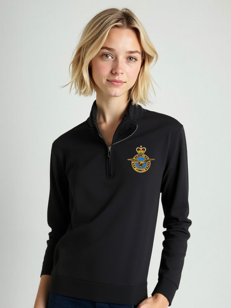 Female model wearing black Royal Air Force quarter-zip sweatshirt with embroidered RAF crest – sleek military-style pullover for RAF veterans, aviation supporters, and everyday wear.
