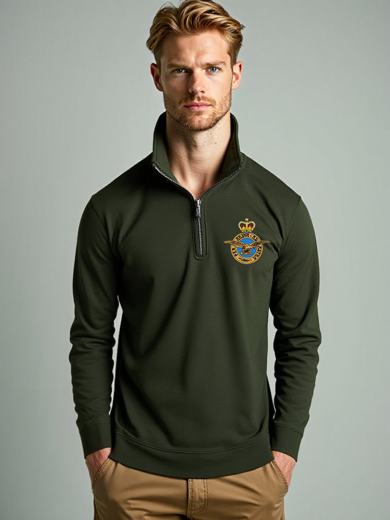 Male model wearing forest green Royal Air Force quarter-zip sweatshirt with embroidered RAF crest – durable and stylish military-inspired pullover for RAF veterans, personnel, and supporters.