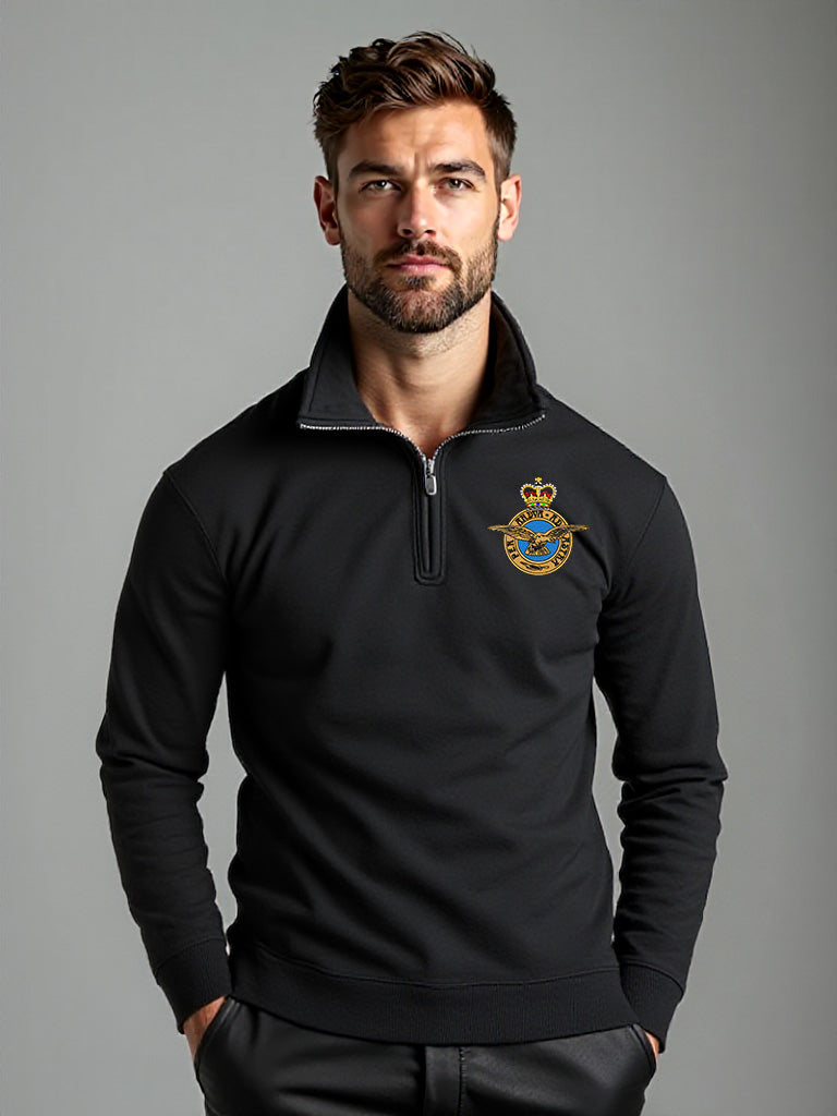 Male model wearing forest green Royal Air Force quarter-zip sweatshirt with embroidered RAF crest – classic military-style pullover for RAF personnel, veterans, and aviation supporters