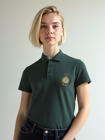 Royal Engineers forest green women's polo shirt with embroidered crest on the chest and bold Sapper logo printed on the back. Classic fit with button-up collar.