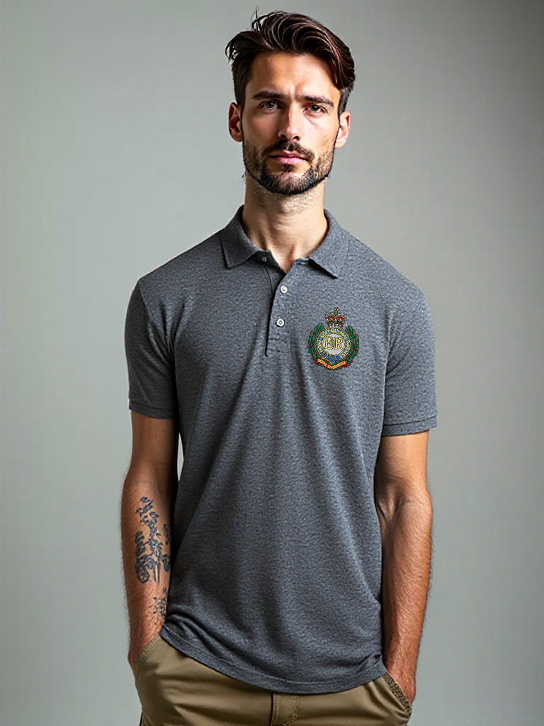 Male model wearing charcoal Royal Engineers polo shirt with embroidered crest on left chest, short sleeve design, smart-casual fit, Sapper logo printed on the back.