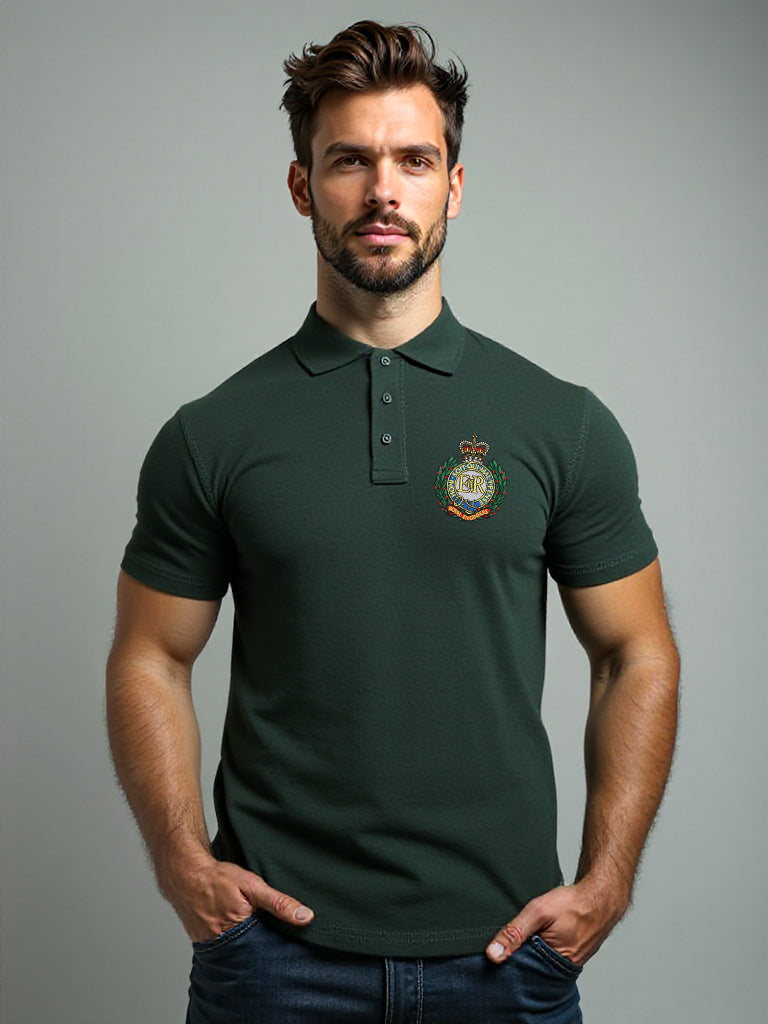 Royal Engineers forest green polo shirt for men, featuring embroidered crest on chest and bold Sapper logo printed on the back. Smart fit, short sleeves.