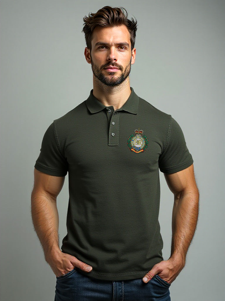 Royal Engineers khaki men’s polo shirt featuring embroidered crest on chest and bold Sapper logo printed on back. Tactical-style polo with smart button collar.