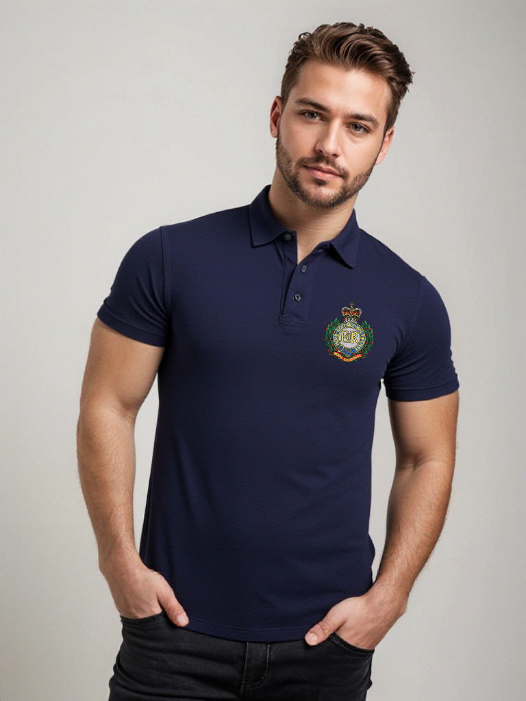 Men's navy Royal Engineers polo shirt featuring embroidered crest on the front and bold Sapper logo printed on the back. Smart, fitted design with a buttoned collar.