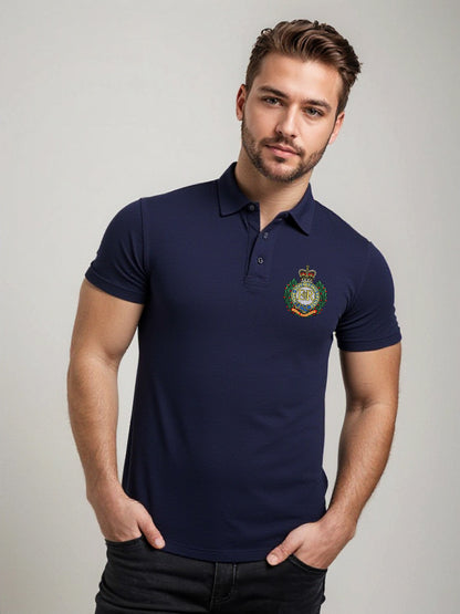 Men's navy Royal Engineers polo shirt featuring embroidered crest on the front and bold Sapper logo printed on the back. Smart, fitted design with a buttoned collar.