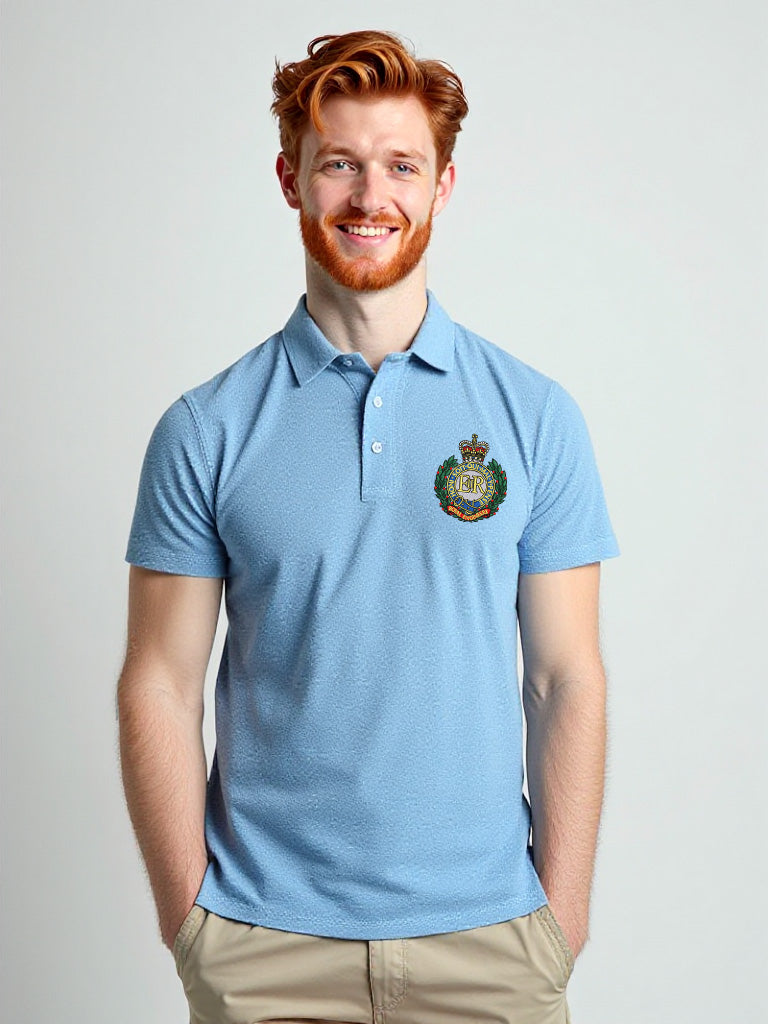 Men's sky blue Royal Engineers polo shirt with embroidered crest on the chest and bold Sapper logo printed on the back. Classic polo cut with button placket and soft collar.