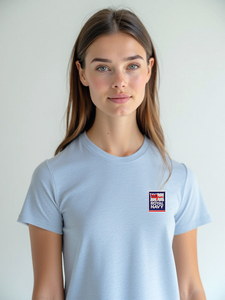 Sky blue Royal Navy women's T-shirt featuring a premium embroidered Royal Navy logo. Ideal for UK veterans, serving personnel, and Royal Navy supporters.