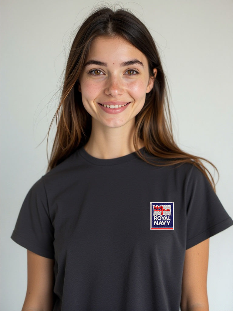 Charcoal Royal Navy T-shirt featuring a premium embroidered Royal Navy logo. Perfect military apparel for UK veterans, serving personnel, and Royal Navy supporters.