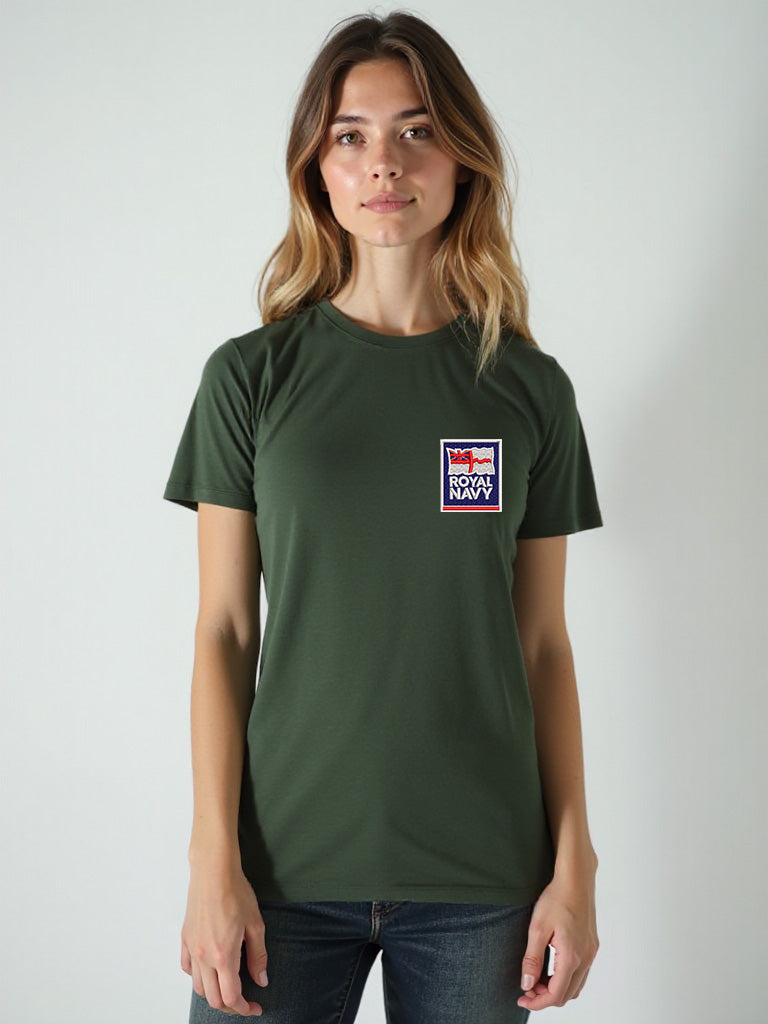 Women's forest green Royal Navy T-shirt featuring a high-quality embroidered Royal Navy logo on the chest. Perfect for UK veterans, serving personnel, and military supporters.
