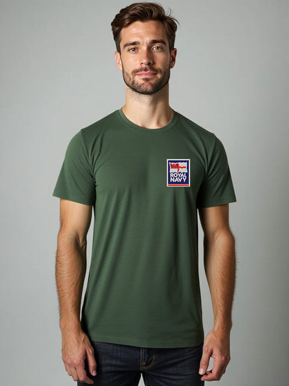 Men's forest green Royal Navy T-shirt with a premium embroidered Royal Navy logo on the chest. Ideal for UK veterans, serving personnel, and military supporters.