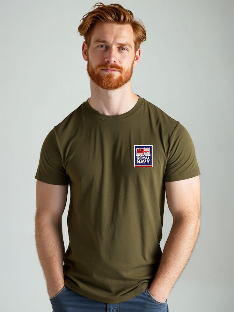 Men’s khaki Royal Navy T-shirt featuring a high-quality embroidered Royal Navy logo on the chest. Ideal for UK veterans, serving personnel, and military supporters.
