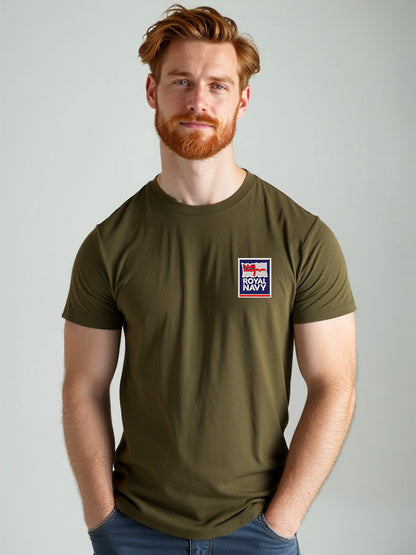 Men’s khaki Royal Navy T-shirt featuring a high-quality embroidered Royal Navy logo on the chest. Ideal for UK veterans, serving personnel, and military supporters.
