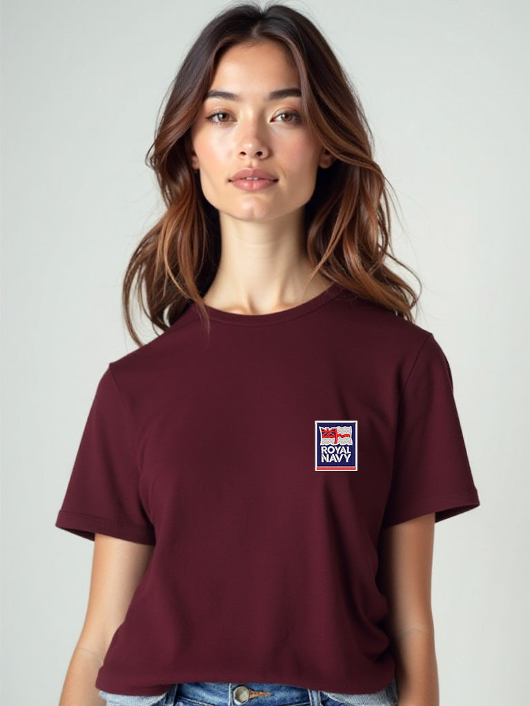 Women's maroon Royal Navy T-shirt with a premium embroidered Royal Navy logo on the chest. Perfect for UK veterans, serving personnel, and military supporters.