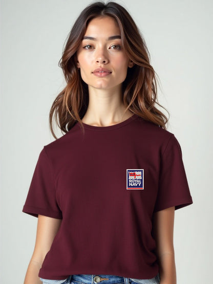 Women's maroon Royal Navy T-shirt with a premium embroidered Royal Navy logo on the chest. Perfect for UK veterans, serving personnel, and military supporters.