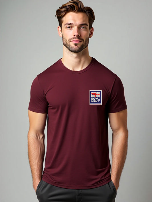 Maroon Royal Navy T-shirt featuring a premium embroidered Royal Navy logo on the chest. Ideal for UK veterans, serving personnel, and military supporters.