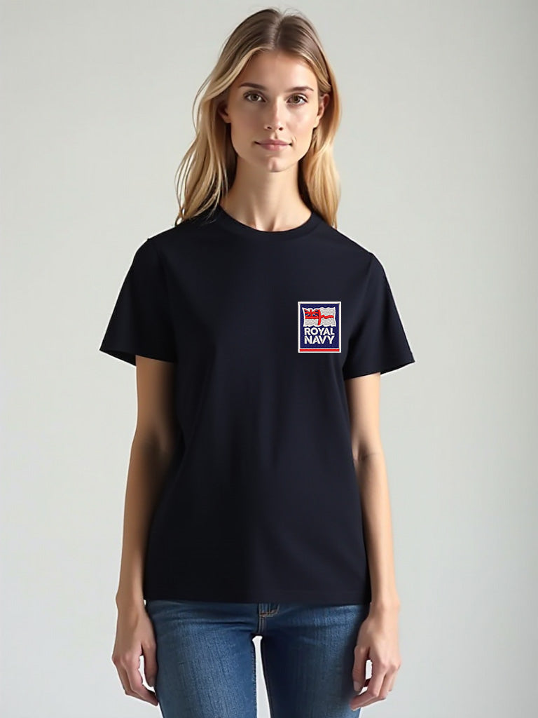 Navy blue women's Royal Navy T-shirt featuring a premium embroidered Royal Navy logo. Perfect for UK veterans, serving personnel, and Royal Navy supporters.