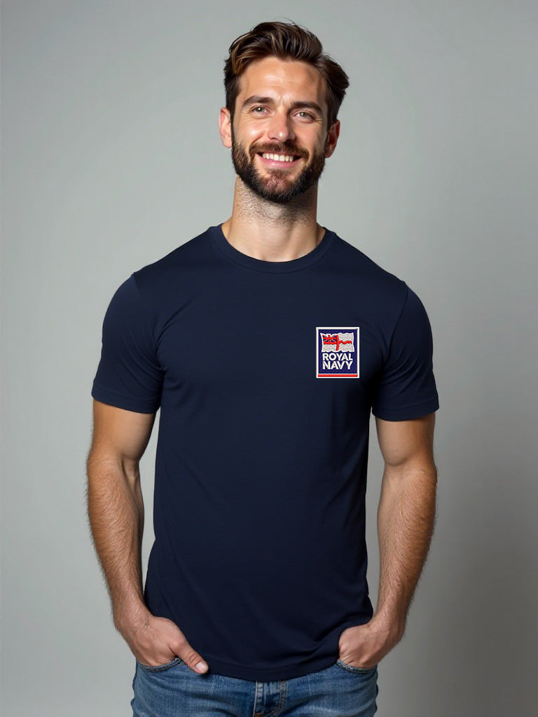 Navy blue Royal Navy T-shirt featuring a premium embroidered Royal Navy logo. Ideal for UK veterans, serving personnel, and Royal Navy supporters.