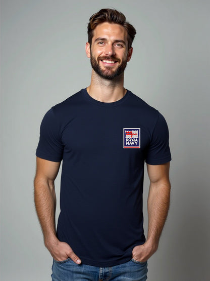 Navy blue Royal Navy T-shirt featuring a premium embroidered Royal Navy logo. Ideal for UK veterans, serving personnel, and Royal Navy supporters.