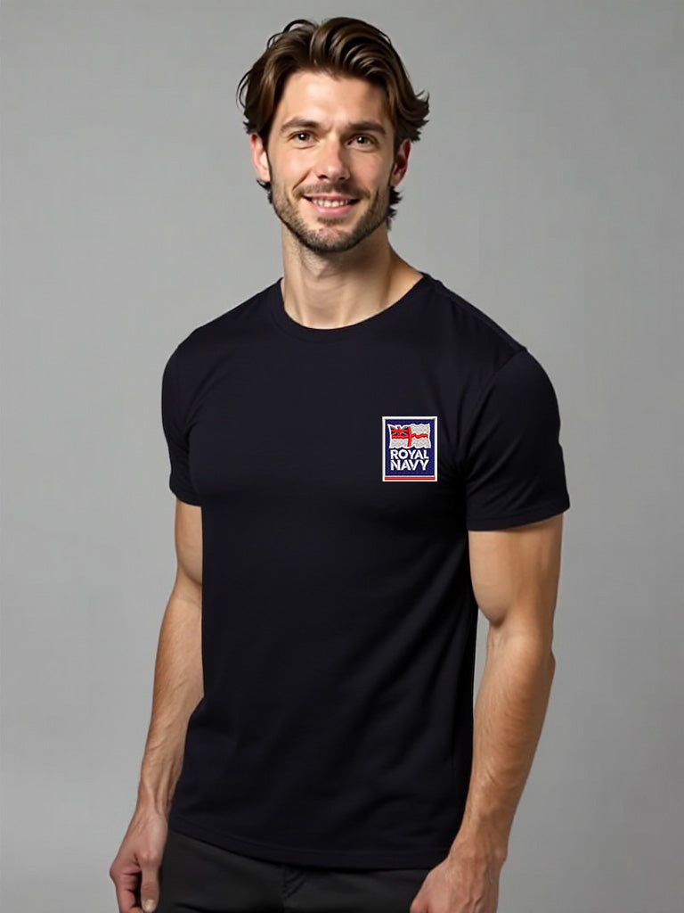 Black Royal Navy T-shirt featuring a premium embroidered Royal Navy logo. Perfect military apparel for UK veterans, serving personnel, and Royal Navy supporters.