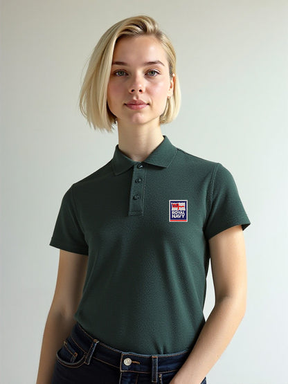 Women’s forest green Royal Navy polo shirt with embroidered Royal Navy crest. Smart-fit military polo ideal for female veterans and serving personnel. Lightweight, breathable fabric for everyday forces wear.