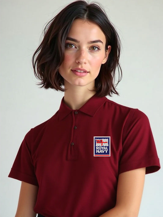 Women's Royal Navy polo shirt in maroon, featuring high-quality embroidered Royal Navy logo on the chest. Military-grade polo top for Royal Navy personnel, veterans, and supporters. Ideal for forces clothing collections and armed forces merchandise.