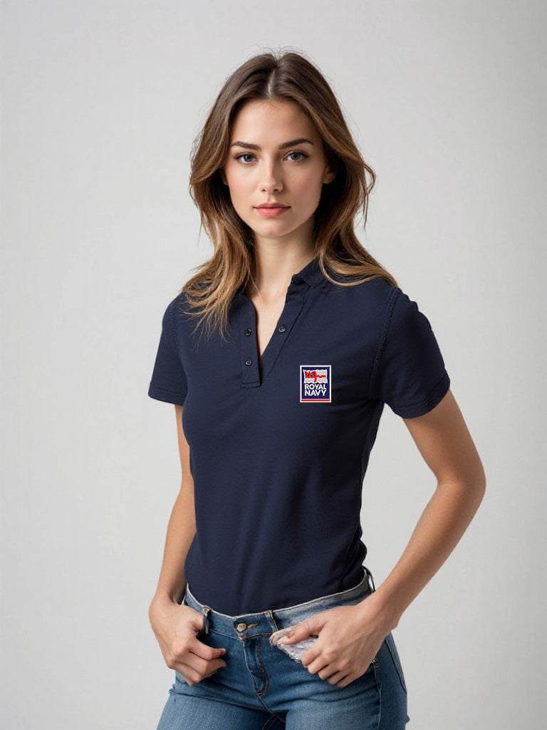 Women’s navy Royal Navy polo shirt with embroidered Royal Navy logo. Tailored fit for comfort and style, ideal for military supporters, veterans, and serving personnel. Premium quality fabric for everyday or casual wear