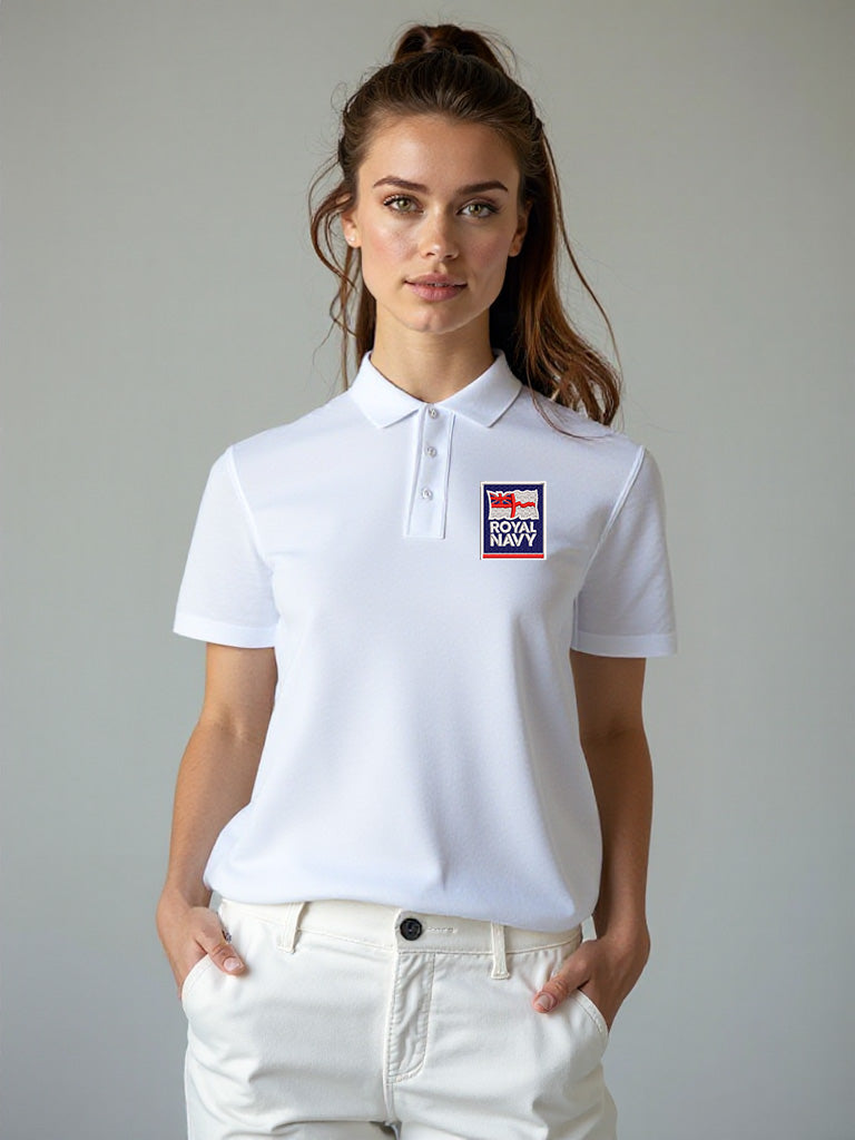 Women’s white Royal Navy polo shirt with embroidered Royal Navy crest on chest. Classic fit with short sleeves and a soft collar, ideal for military events, veterans, and patriotic wear. Made from breathable, premium cotton-blend fabric.