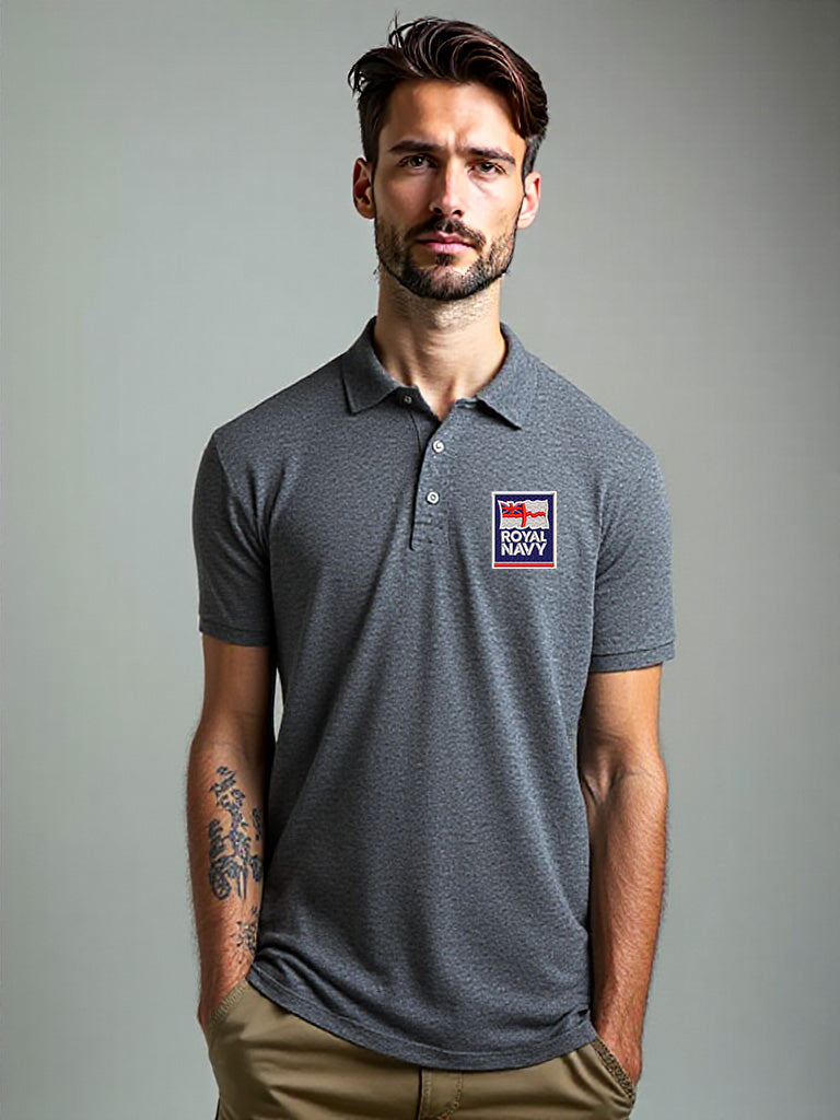 Men’s charcoal grey Royal Navy polo shirt featuring official embroidered Royal Navy badge. Modern slim-fit design ideal for veterans, service personnel, and supporters. Breathable cotton-blend fabric with button-up collar for casual and smart wear.