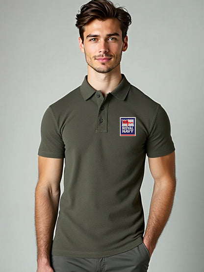 Men’s khaki Royal Navy polo shirt with embroidered Royal Navy crest. Comfortable military polo for serving personnel and veterans. Tactical-style forces apparel with breathable fabric and a sharp, modern fit.