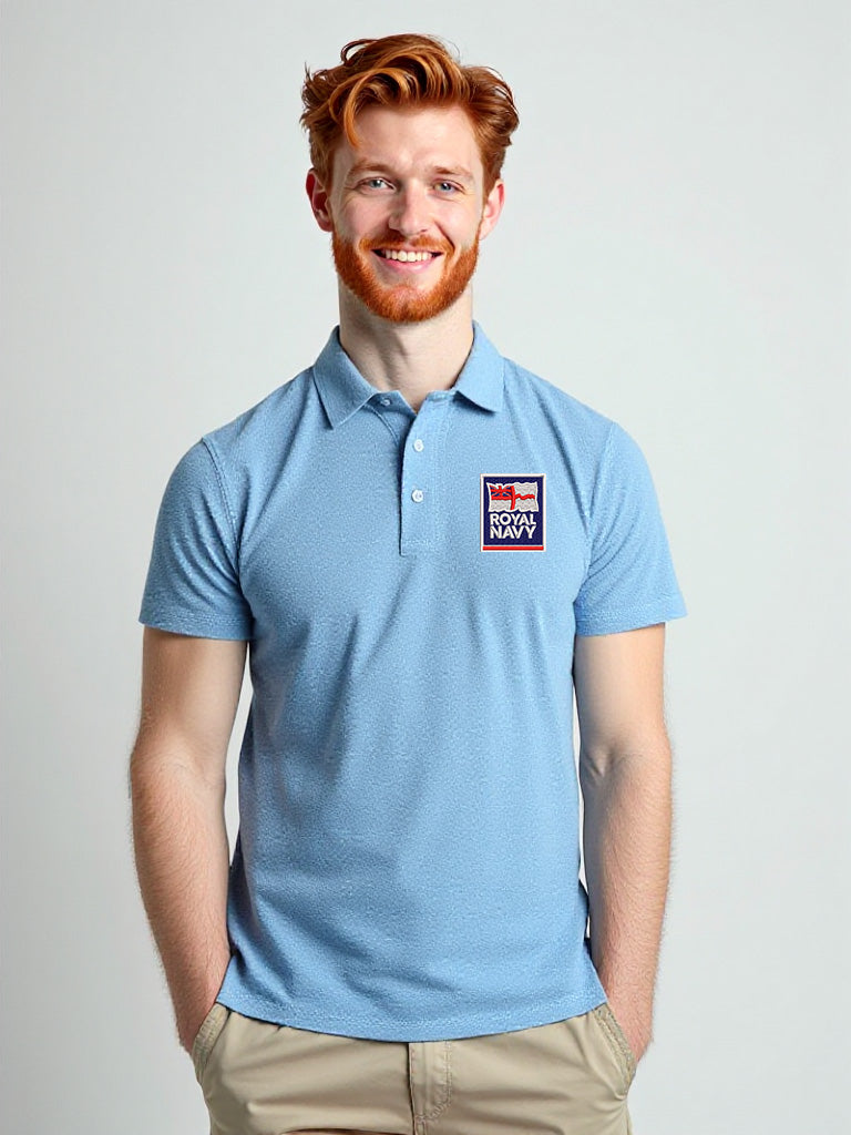 Men’s sky blue Royal Navy polo shirt with high-quality embroidered Royal Navy badge. Lightweight, breathable cotton blend for casual and smart wear. Ideal for Royal Navy supporters, veterans, and military events.